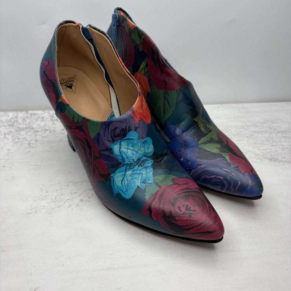 John Fluevog Edie Sexy Asymmetrical Pumps 8 Multicolor Floral Leather Artsy